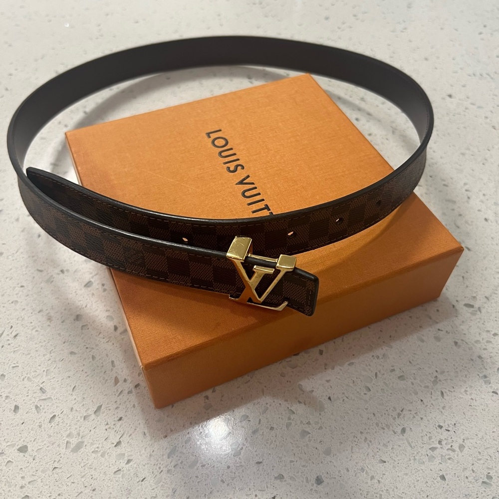Louis Vuitton Dark Brown Checkered Belt with Gold Buckle